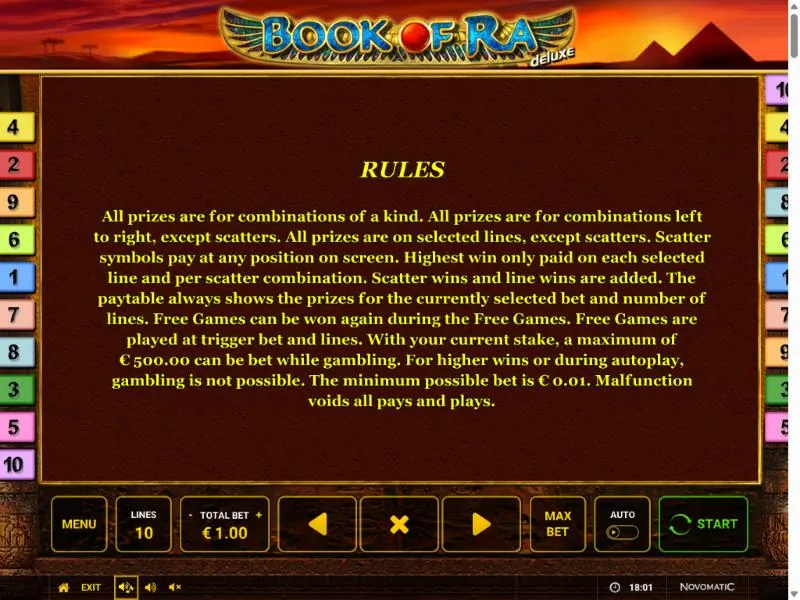 Rules screen of the Book of Ra deluxe demo